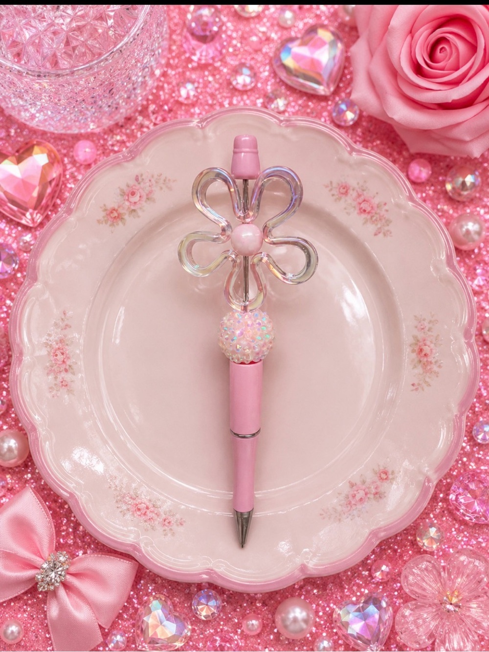 Handmade Pink Flower Top Ballpoint Pen with Sparkle Bead
